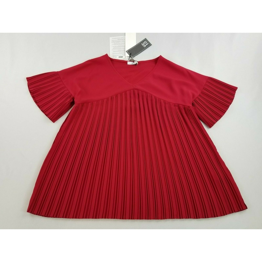 Sfizio Red Pleated A-Line Blouse Short Sleeve V-Neck Top 18FE435542154 Size S